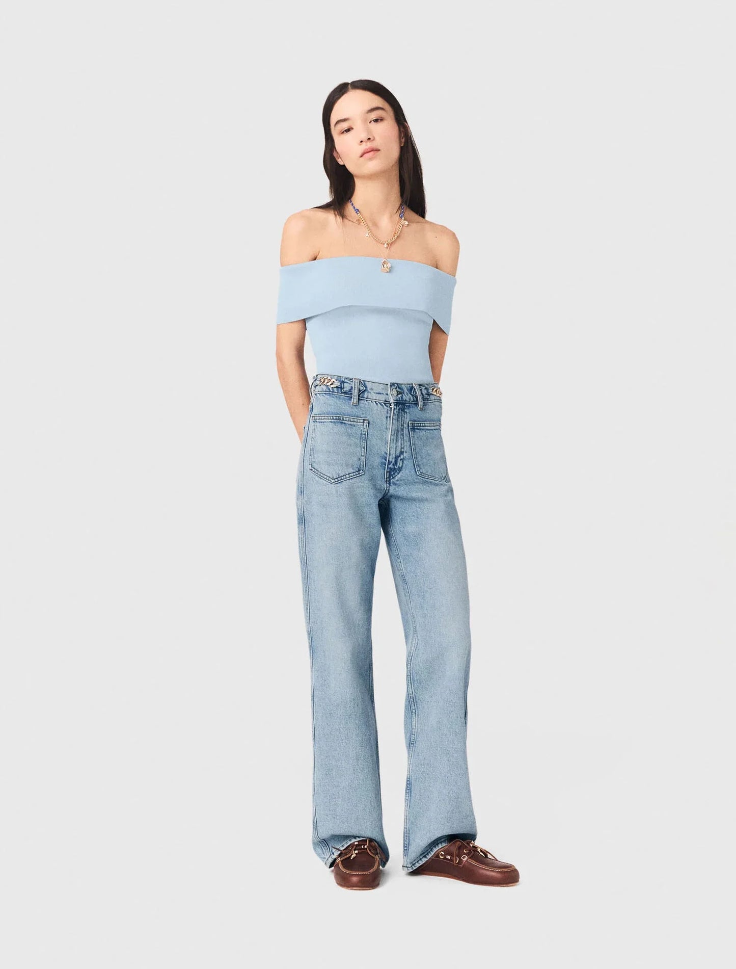 Bardot Rib Knit Top Blue Sky