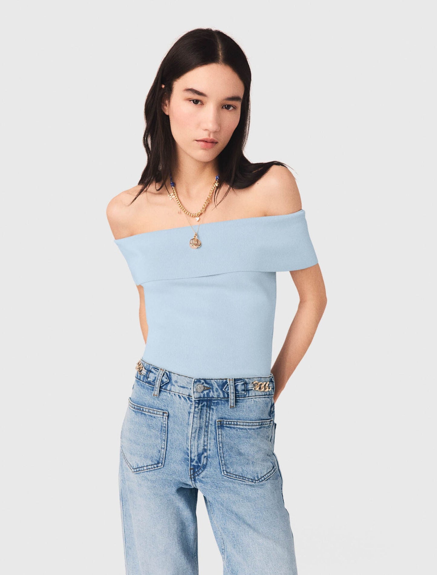 Bardot Rib Knit Top Blue Sky