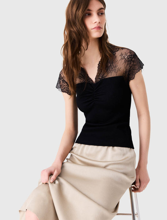 Jersey top with lace trim Black