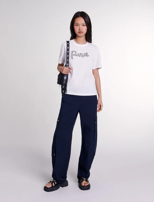 White featured-"Paris" diamanté T-shirt
