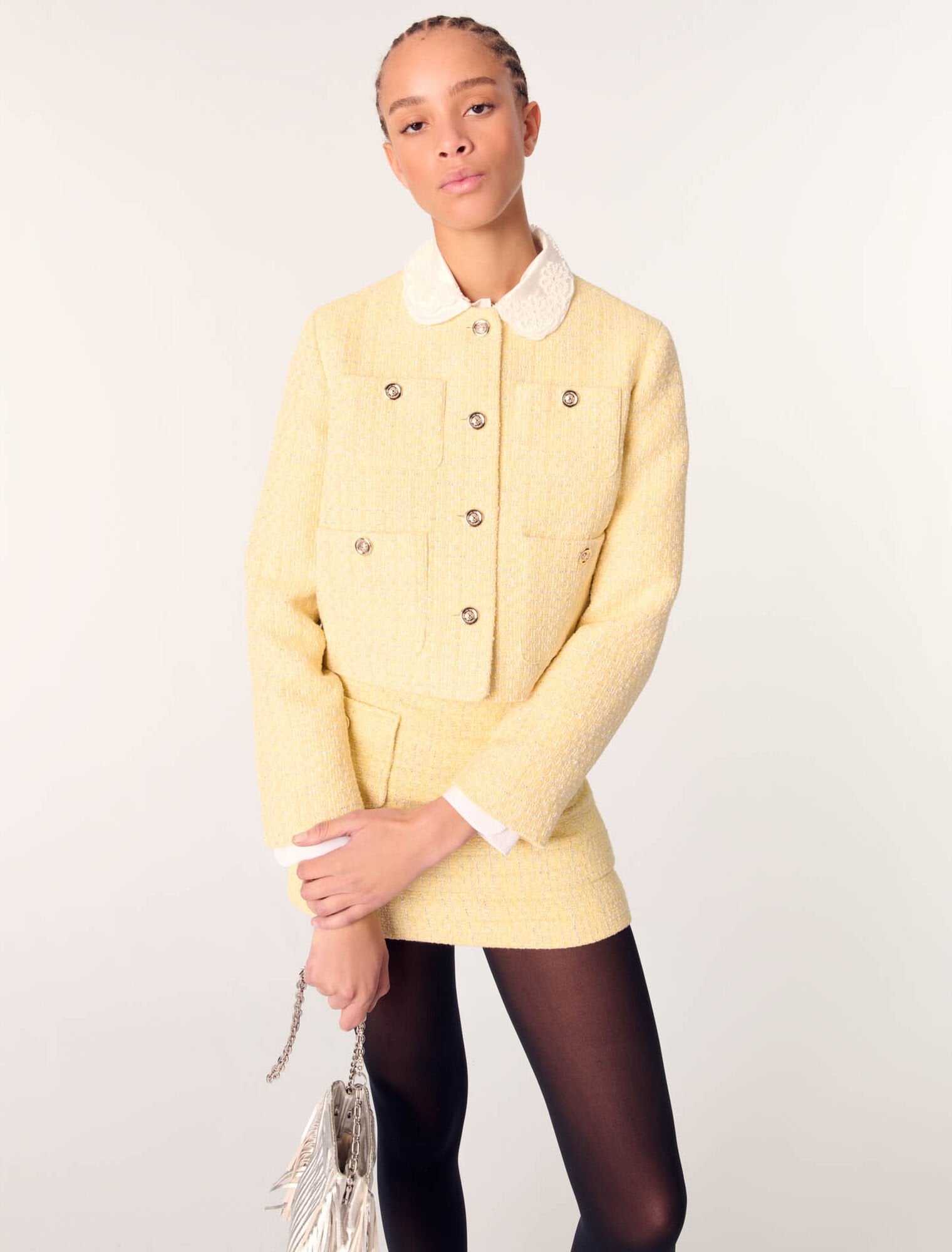 Yellow-Short tweed and lurex jacket