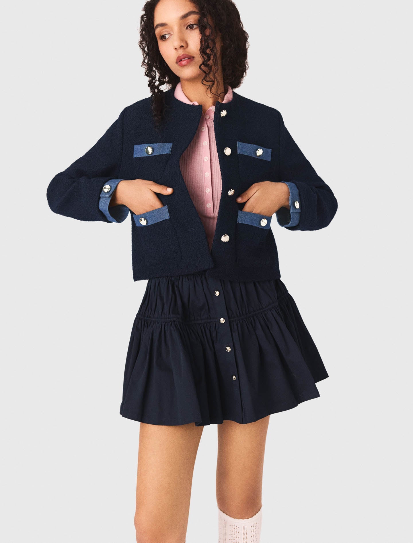 Tweed Jacket With Denim Trim NAVY