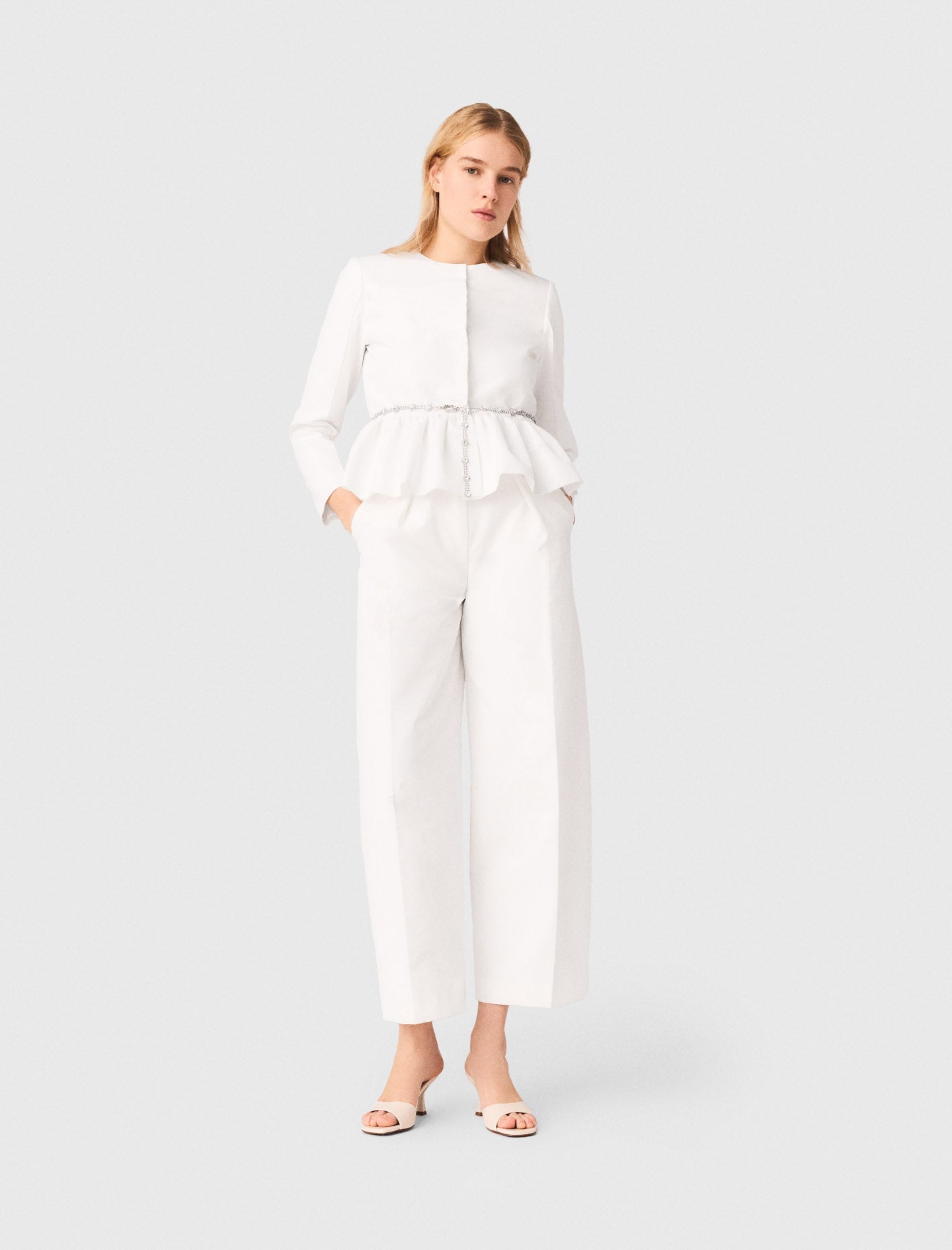 Cropped Jacket With Jewelled Belt White