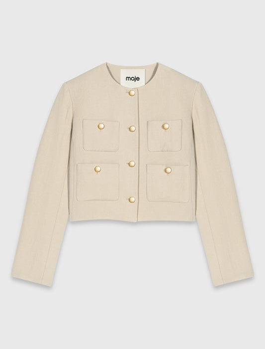 Short linen blend jacket Beige